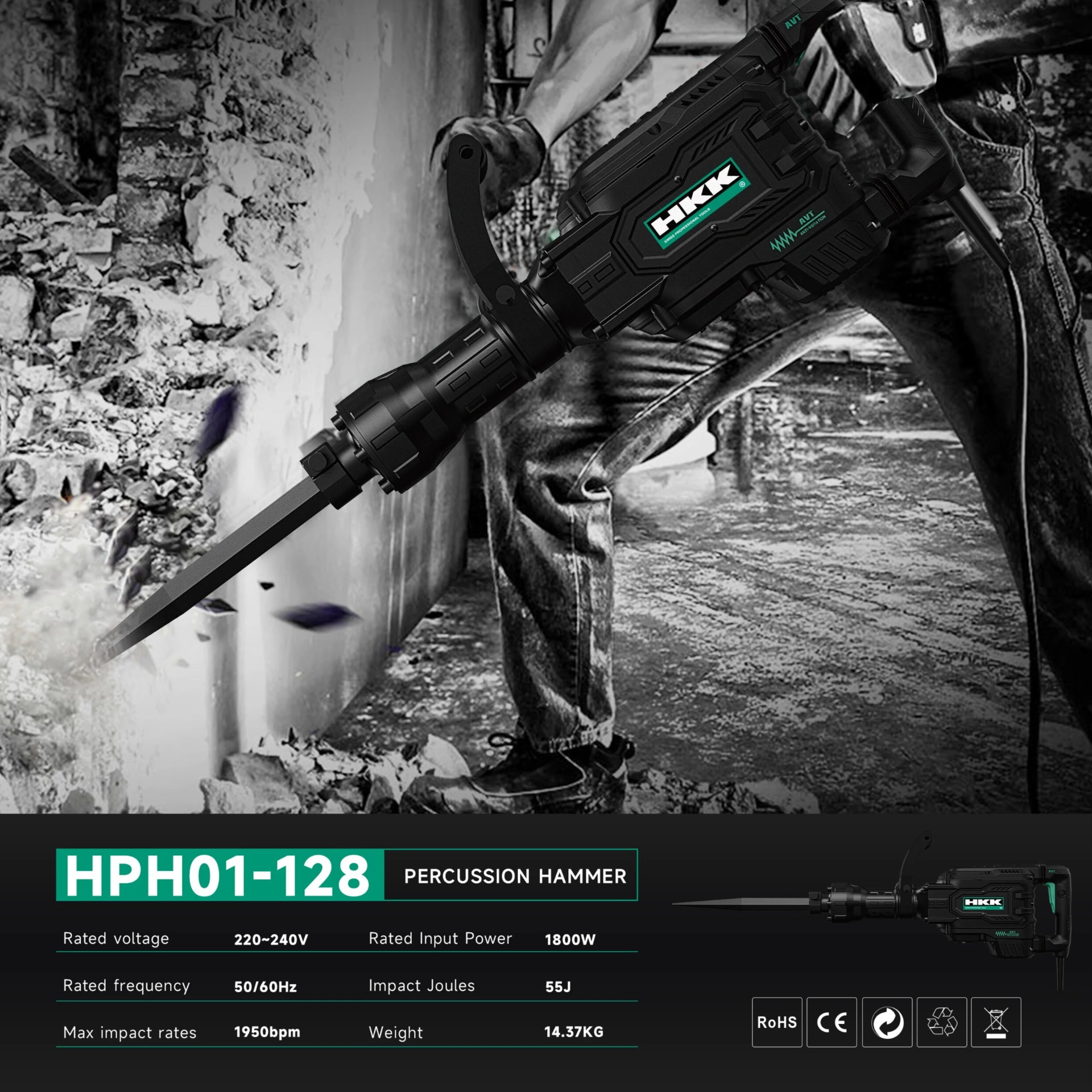HKK HPH01-128 demolition hammer specifications 1800W 55J 1950BPM 220-240V