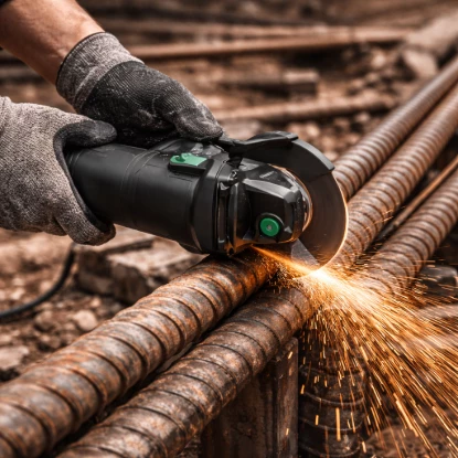 HKK 2400W angle grinder cutting steel rebar with sparks on construction site