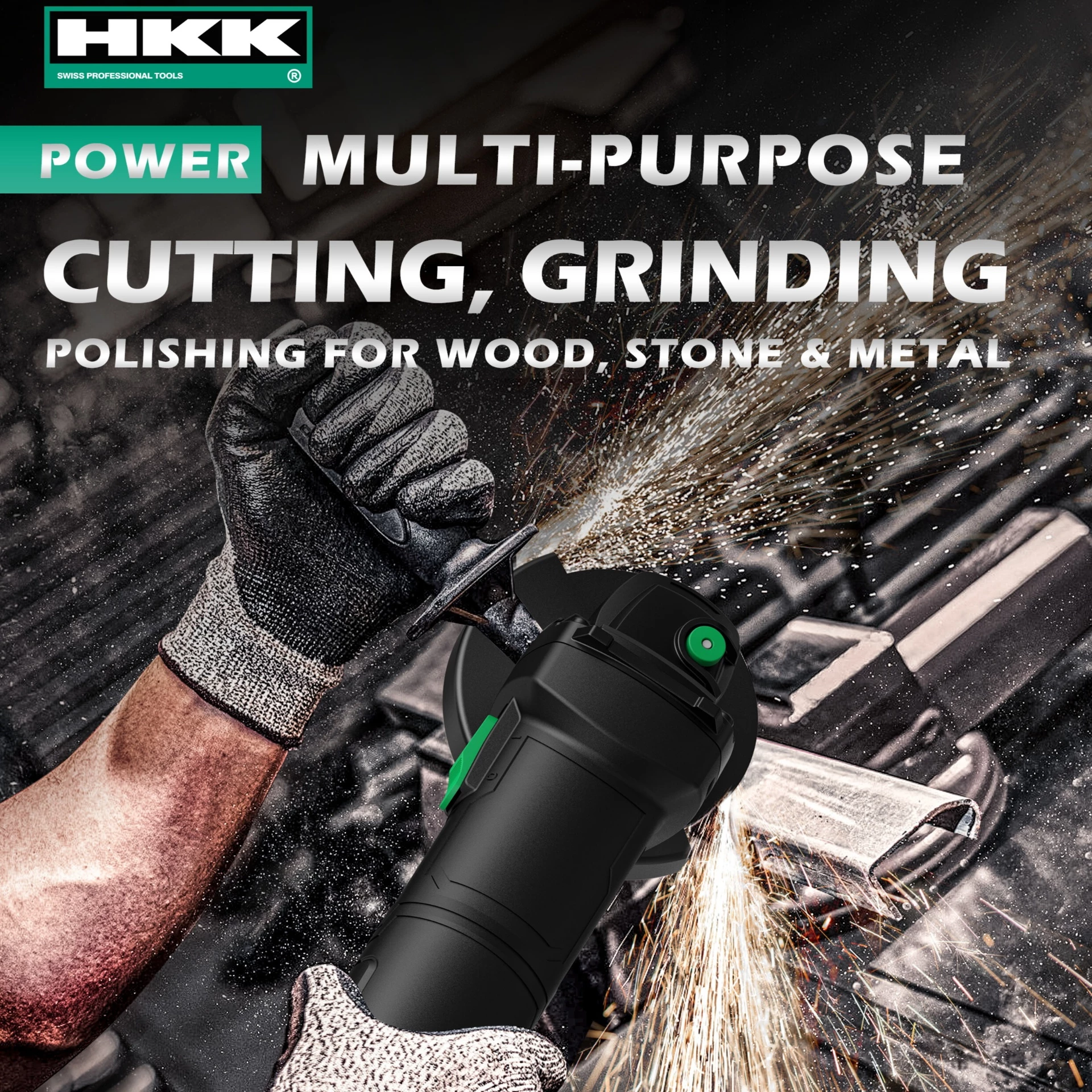 HKK HAG01-230 heavy duty 230mm angle grinder grinding metal on workbench with bright sparks – professional construction power tool