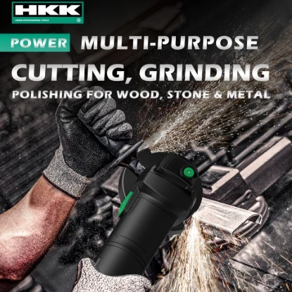 HKK HAG01-230 heavy duty 230mm angle grinder grinding metal on workbench with bright sparks – professional construction power tool