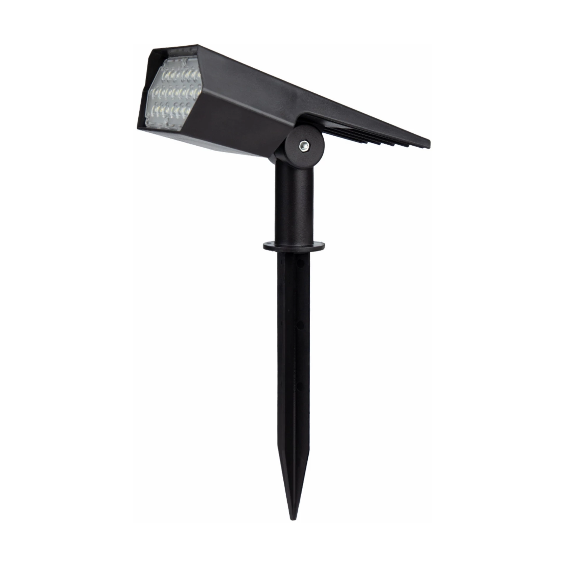 Solar LED garden spike spotlight with adjustable head isolated on white background