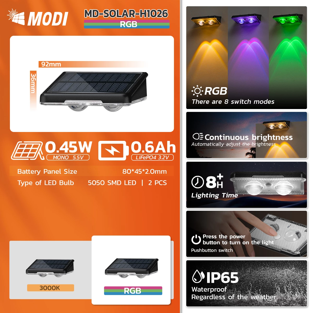 Warm white solar wall light night beam effect