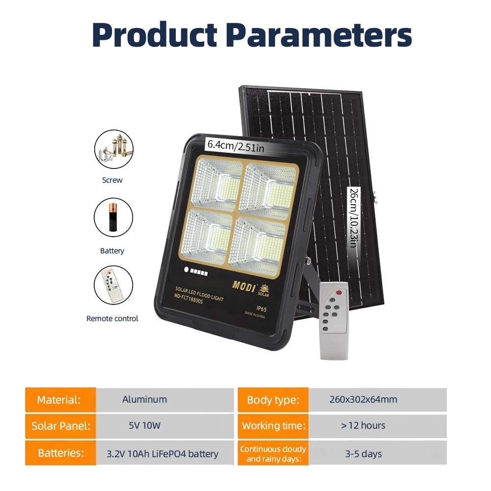 Solar LED flood light product parameters and dimensions