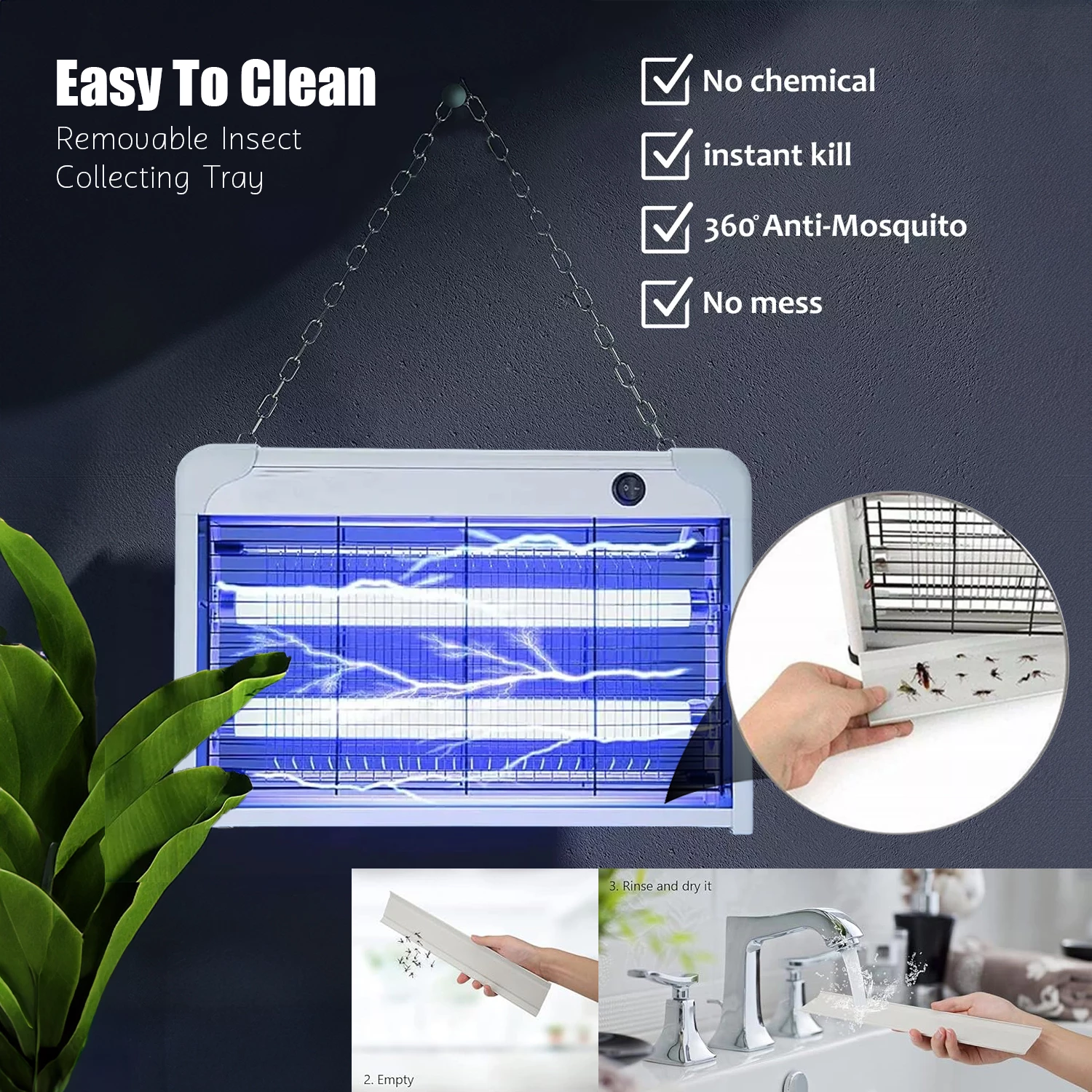 Mosquito killer lamp with removable insect collecting tray for easy cleaning
