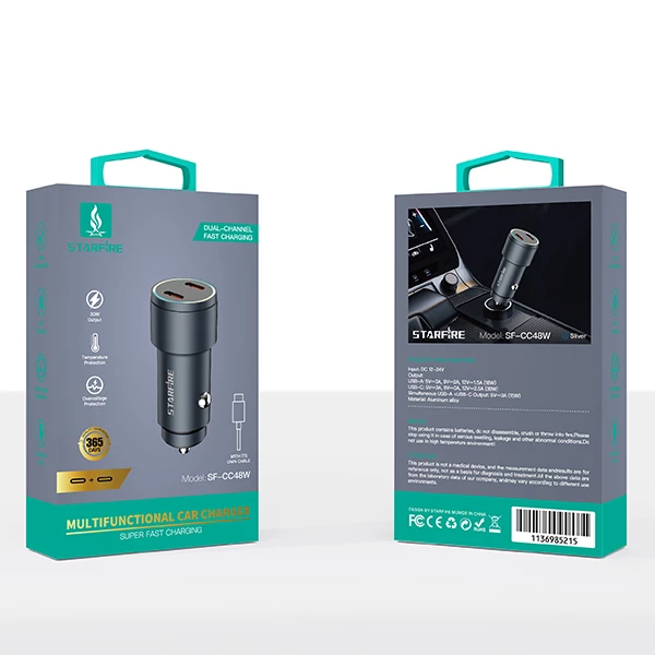 Picture of 48W Fast Car Charger USB C + USB A PD Quick Charge Adapter Aluminum Alloy for iPhone Samsung Android