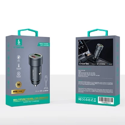 Picture of 60W Fast Car Charger USB C PD + USB A Quick Charge Adapter Aluminum Alloy for iPhone Samsung Android