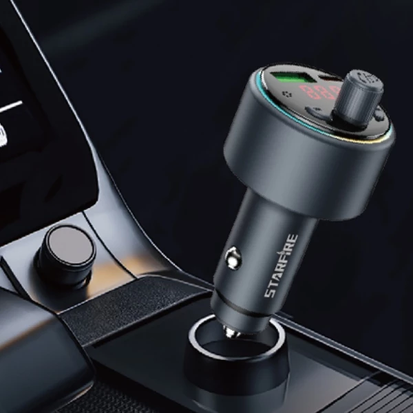 Picture of Multifunction Car Charger with FM Transmitter 30W USB-C Fast Charging LED Display Aluminum Alloy for iPhone Samsung Android