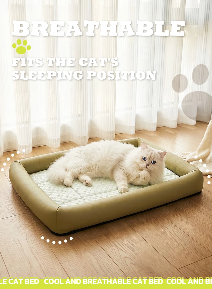 Picture of Orthopedic Cooling Cat Bed – Green, Anti-Hair Breathable Pet Mat with High-Resilience Bolster