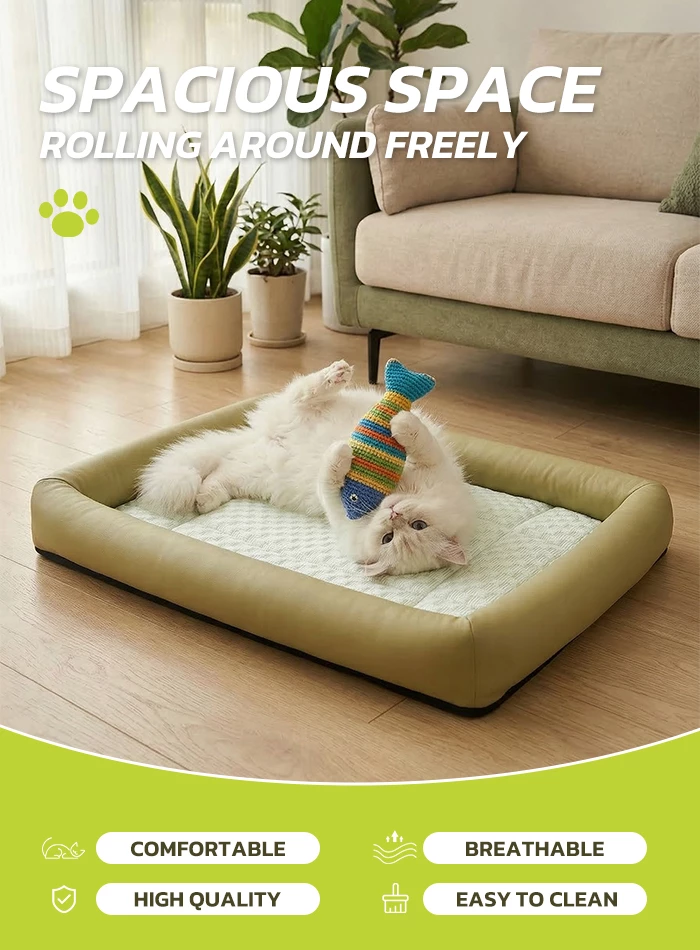Picture of Orthopedic Cooling Cat Bed – Green, Anti-Hair Breathable Pet Mat with High-Resilience Bolster