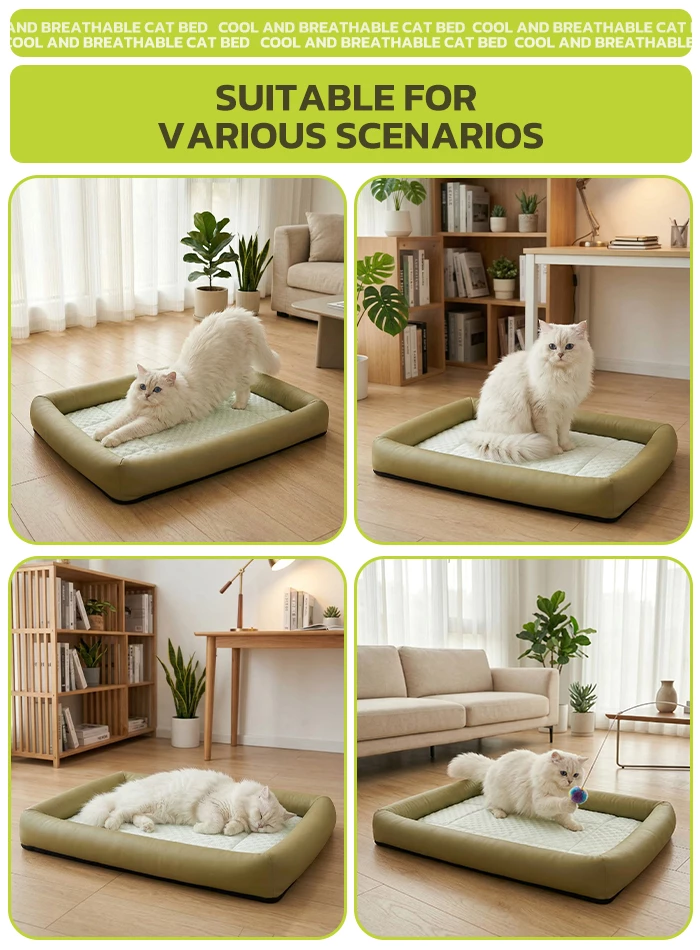 Picture of Orthopedic Cooling Cat Bed – Green, Anti-Hair Breathable Pet Mat with High-Resilience Bolster