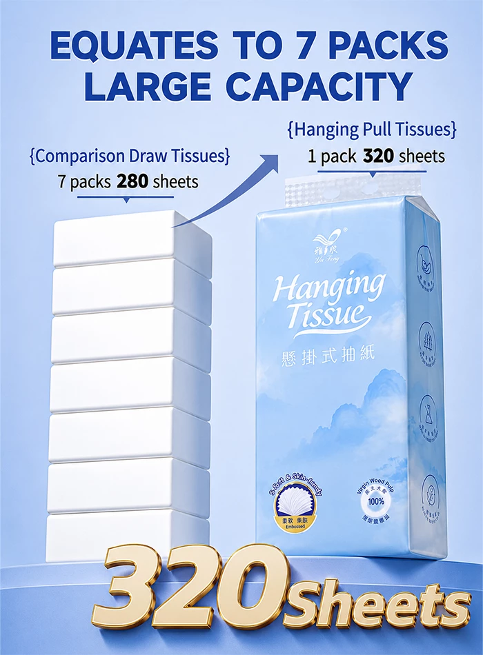Picture of 12 Pack 5-Ply Extra Thick Hanging Facial Tissues 320 Sheets Virgin Wood Pulp Highly Absorbent Tear-Resistant Embossed Soft With No-Trace Hooks White
