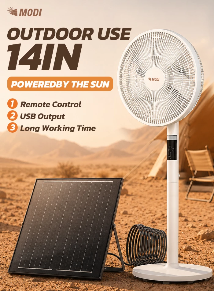 Picture of 14-Inch Solar Rechargeable Pedestal Fan, 10W 6-Speed Standing Fan with Remote Control, LED Display, USB Output, 5-Blade Brushless Motor, 400×350mm Solar Panel for Indoor & Outdoor Camping