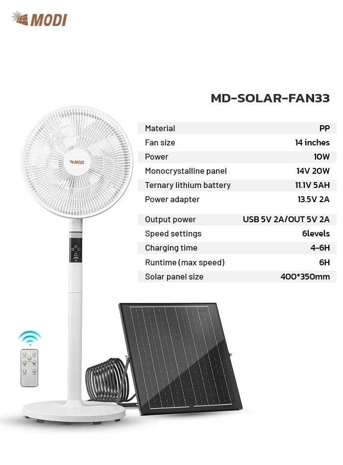 Picture of 14-Inch Solar Rechargeable Pedestal Fan, 10W 6-Speed Standing Fan with Remote Control, LED Display, USB Output, 5-Blade Brushless Motor, 400×350mm Solar Panel for Indoor & Outdoor Camping